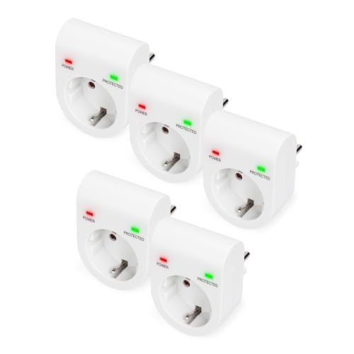 DIGITUS DN-95400 – Überspannungs-Schutzadapter – 5 Stück – 16 A / 230 V / 50 Hz – Max. 3.500 W – LED Status-Anzeige – Ableitstrom Max. 13.500 A – Weiß von DIGITUS