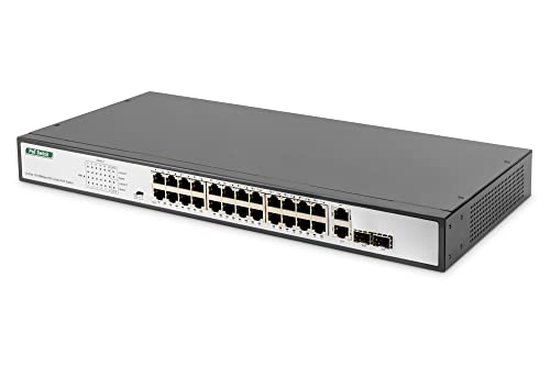 DIGITUS Fast Ethernet PoE+ Netzwerk-Switch - 19 Zoll - 24 Ports + 2x Uplink SFP/RJ45 - IEEE802.3af/at - 370W Power-Budget - Schwarz von DIGITUS