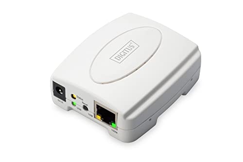 DIGITUS Fast Ethernet Printserver mit USB 2.0, 1x RJ45, 1x USB A, betriebssystem unabhängig, Drucker Server, DHCP fähig, TCP/IP, Einfache Installation, inkl. Netzteil, Weiß von DIGITUS