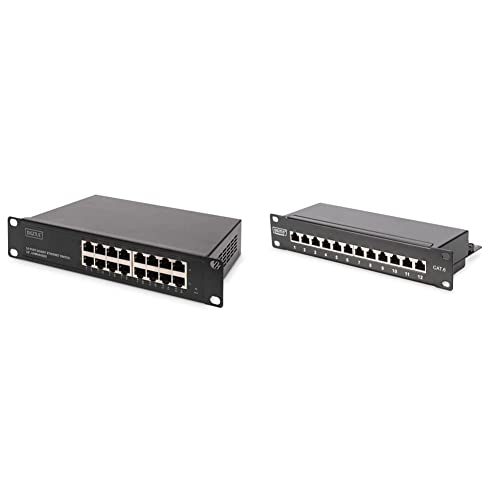 DIGITUS Gigabit Ethernet Netzwerk-Switch - 10 Zoll - 16 Ports - Backplane 32 Gbps - Auto MDI/MDI-X - Schwarz & Cat-6 Patch-Panel - 12 Ports - RJ45-Buchsen - 10-Zoll Rack-Mount 1HE - Schwarz von DIGITUS