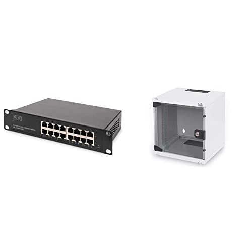 DIGITUS Gigabit Ethernet Netzwerk-Switch - 10 Zoll - 16 Ports - Schwarz & Netzwerk-Schrank 10-Zoll - 6HE - Wandmontage - HxBxT 330x312x300mm - Traglast 30kg - Nutztiefe 250mm - Grau von DIGITUS