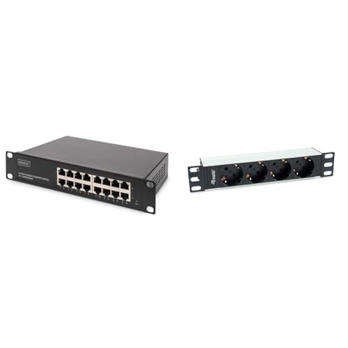 DIGITUS Gigabit Ethernet Netzwerk-Switch - 10 Zoll - 16 Ports - Unmanaged - Backplane 32 Gbps - Auto MDI/MDI-X - Schwarz & Equip 333311 Steckdosenleiste 10"(1HE) 4fach Schuko.CEE 1,8m von DIGITUS