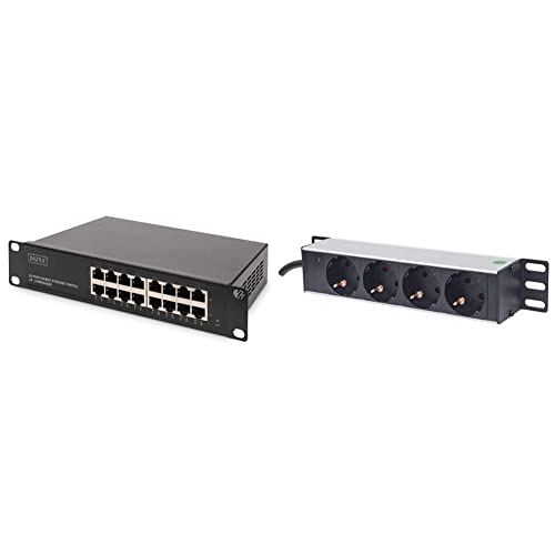 DIGITUS Gigabit Ethernet Netzwerk-Switch - 10 Zoll - 16 Ports - Unmanaged - Backplane 32 Gbps - Auto MDI/MDI-X - Schwarz & Intellinet 10" 4-fach Steckdosenleiste Schutzkontakt schwarz 714020 von DIGITUS