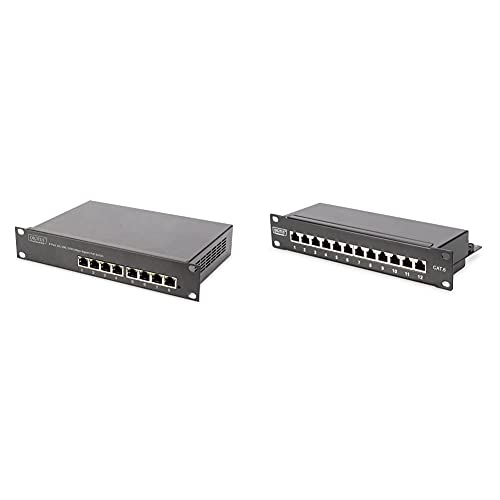 DIGITUS Gigabit Ethernet PoE+ Switch - 10 Zoll - 8 Ports - 96 Watt Powerbudget - Schwarz & Cat-6 Patch-Panel - 12 Ports - RJ45-Buchsen - 10-Zoll Rack-Mount 1HE - LSA Verteiler-Feld - Schwarz von DIGITUS