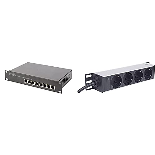 DIGITUS Gigabit Ethernet PoE+ Switch - 10 Zoll - 8 Ports - 96 Watt Powerbudget - Schwarz & Intellinet 10" 4-Fach Steckdosenleiste Schutzkontakt (Power-LED1,8 m Stromkabel 1 HE) schwarz von DIGITUS