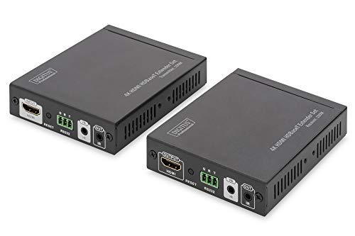 DIGITUS HDMI Extender Set, Reichweite 100 m, HDBaseT, HDCP 2.2, UHD 60 Hz, IR und RS232 (bidirektional), PoE/PoH, Punkt zu Punkt Verbindung, Schwarz von DIGITUS