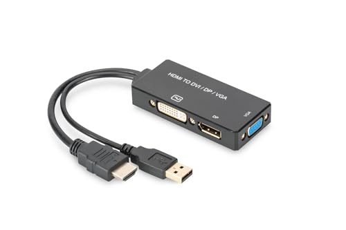 DIGITUS HDMI Grafik Adapter, HDMI Typ A zu DP + DVI-I (24+5) + VGA, 4K Ultra HD 30Hz, Schwarz von DIGITUS