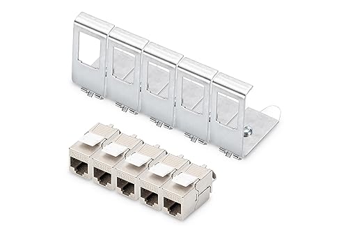 DIGITUS Hutschienen-Adapter – 5 Stück – Mit 5X Cat6A Keystone-Modul – 45° Gewinkelt – Edelstahl – Offenes Gehäuse von DIGITUS