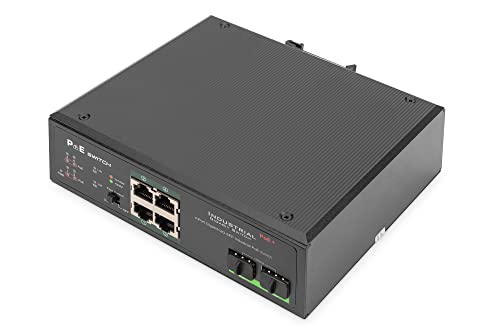 DIGITUS PoE Netzwerk-Switch - 6-Port Gigabit Ethernet - 4X RJ45 + 2X Gigabit-SFP-Uplink - unmanaged - Hutschienenmontage - 10/100/1000 Mbit/s - Industrial Serie - Schwarz von DIGITUS