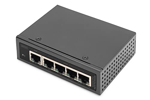 DIGITUS Industrieller 5-Port Gigabit PoE Extender - 1 RJ45 Eingang Port 802.3bt - 4 RJ45 Ausgänge PoE 802.3af/at - kaskadierbar - 10/100/1000 Mbit/s - Schwarz von DIGITUS