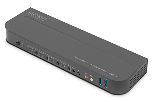 DIGITUS KVM-Switch DisplayPort – 4-Port Single-Display – 4 PC 1 Monitor – 1x Maus, Tastatur & Audio für 4 Computer – UHD 4K@60Hz (4096 x 2160p) – Hot-Key Umschalter – 2X USB 3.0 Hub – Schwarz von DIGITUS