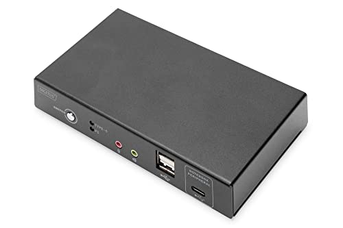 DIGITUS KVM-Switch HDMI – USB-C für Notebook-Anschluss – 2-Port Single-Display – 2 PC 1 Monitor – 1x Maus, Tastatur & Audio für 2 Computer – RJ45 LAN-Port & USB-C Hub für Laptop – Schwarz von DIGITUS