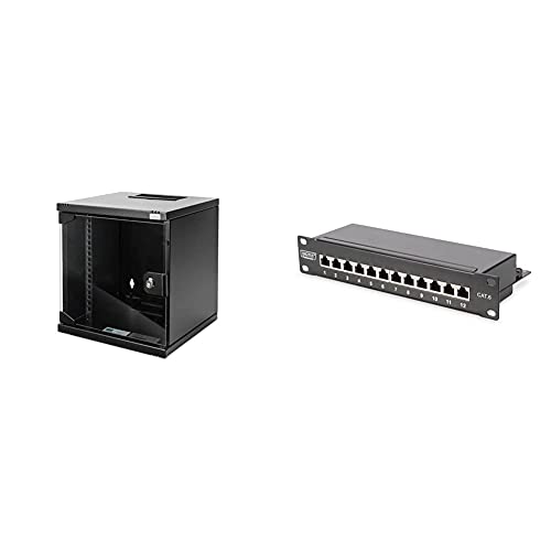 DIGITUS Netzwerk-Schrank 10-Zoll - 6HE - Wandmontage - 330x312x300mm - Traglast 30kg - Nutztiefe 250mm - Schwarz & Cat-6 Patch-Panel - 12 Ports - 10-Zoll Rack-Mount 1HE - Geschirmt - Schwarz von DIGITUS