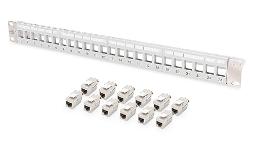 DIGITUS Patchpanel – Modular – 19-Zoll – 24-Port – Geschirmt – Rack-Montage 1HE – Grau – Mit 12x Cat6A Keystone-Modul von DIGITUS