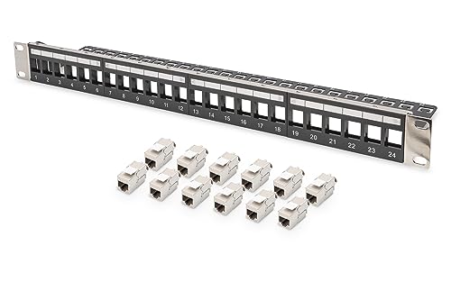 DIGITUS Patchpanel – Modular – 19-Zoll – 24-Port – Geschirmt – Rack-Montage 1HE – Schwarz – Mit 12x Cat6A Keystone-Modul von DIGITUS