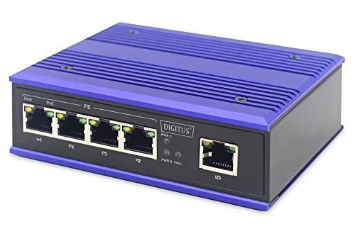 DIGITUS PoE Netzwerk-Switch - 5-Port Fast Ethernet - DIN-Rail Montage - Klemmleiste - Lüfterlos - Schwarz/Blau von DIGITUS