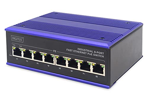 DIGITUS PoE Netzwerk-Switch - 8-Port Fast Ethernet - DIN-Rail Montage - Klemmleiste - Lüfterlos - Schwarz/Blau von DIGITUS