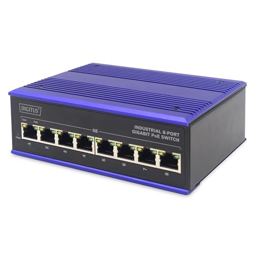 DIGITUS PoE Netzwerk-Switch - 8-Port Gigabit Ethernet - DIN-Rail Montage - Klemmleiste - Lüfterlos - Schwarz/Blau von DIGITUS