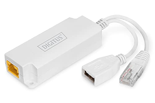 DIGITUS PoE-Splitter - RJ45 Eingang auf RJ45-Stecker & USB-A Buchse - 10/100 Mbit/s - IP40 Schutzklasse - PoE-Standard IEEE802.3at - 100m Reichweite - Cat5e, Cat6, Cat6A von DIGITUS