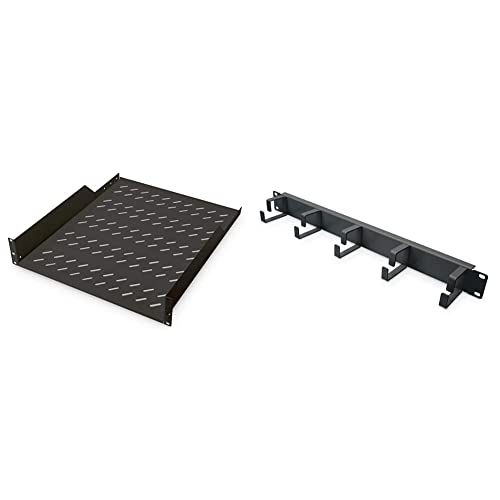 DIGITUS Professional DN-19 TRAY-2-55-SW Fachboden zum Festeinbau in 19" Schränke Traglast 25 kg ab 800 mm Schranktiefe 2HE schwarz & Kabel-Rangierpanel 1HE 5 Führungsbügel 44 x 60 mm 19-Zoll Schwarz von DIGITUS