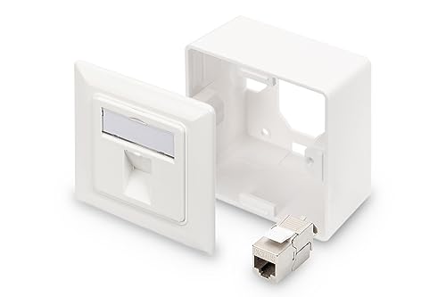 DIGITUS Set: 1-Port Netzwerkdose – 1 Stück – Mit 1x Cat6A Keystone-Modul – Auslass 45° Gewinkelt – Mit Rahmen zur Aufputzmontage – Weiß von DIGITUS