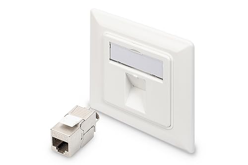 DIGITUS Set: 1-Port Netzwerkdose – 1 Stück – Mit 1x Cat6A Keystone-Modul – Auslass 45° Gewinkelt – Mit Staubschutz-Kappe – Weiß von DIGITUS