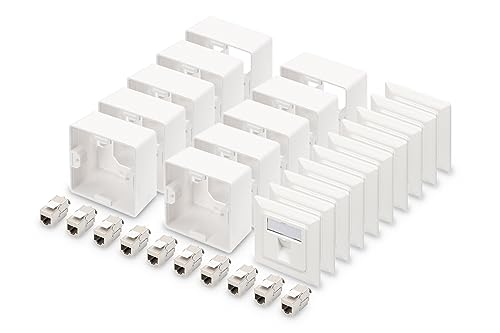 DIGITUS Set: 1-Port Netzwerkdose – 10 Stück – Mit 10x Cat6A Keystone-Modul – Auslass 45° Gewinkelt – Mit Rahmen zur Aufputzmontage – Weiß von DIGITUS