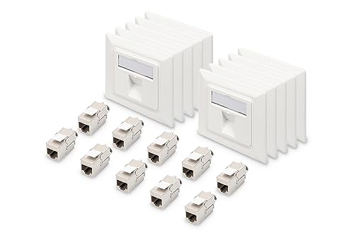 DIGITUS Set: 1-Port Netzwerkdose – 10 Stück – Mit 10x Cat6A Keystone-Modul – Auslass 45° Gewinkelt – Mit Staubschutz-Kappe – Weiß von DIGITUS