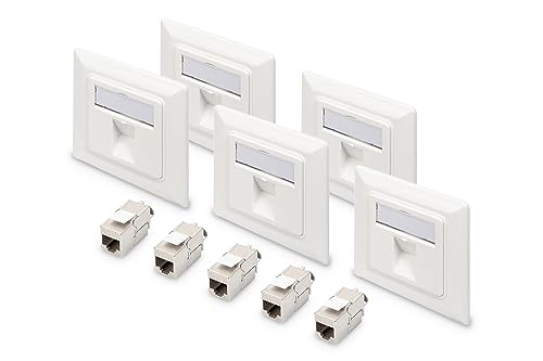 DIGITUS Set: 1-Port Netzwerkdose – 5 Stück – Mit 5x Cat6A Keystone-Modul – Auslass 45° Gewinkelt – Mit Rahmen zur Aufputzmontage – Weiß von DIGITUS