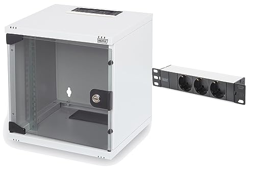 DIGITUS Set: 10" 6HE Netzwerkschrank + 3-Port PDU Steckdosenleiste // 10-Zoll Rack – Wandmontage – HxBxT 330 x 312 x 300 mm – Traglast 30kg – Nutztiefe 240mm – Grau von DIGITUS