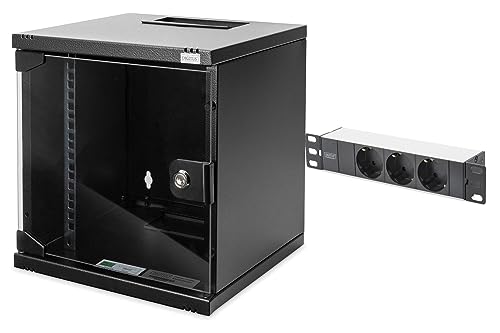 DIGITUS Set: 10" 6HE Netzwerkschrank + 3-Port PDU Steckdosenleiste // 10-Zoll Rack – Wandmontage – HxBxT 330 x 312 x 300 mm – Traglast 30kg – Nutztiefe 240mm – Schwarz von DIGITUS