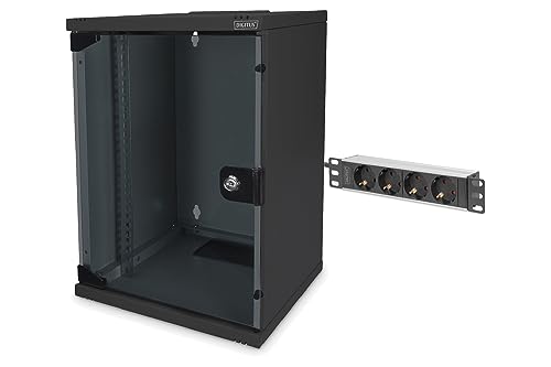 DIGITUS Set: 10" 9HE Netzwerkschrank + 4-Port PDU Steckdosenleiste // 10-Zoll Rack – Wandmontage – HxBxT 464 x 312 x 300 mm – Traglast 30kg – Nutztiefe 240mm – Schwarz von DIGITUS