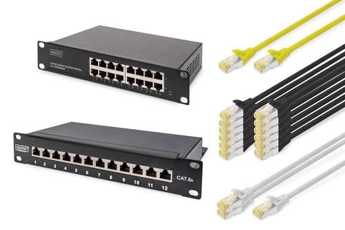 DIGITUS Set: 10 Zoll Netzwerk-Set – 1x 16-Port Gigabit Ethernet Netzwerk-Switch – 1x 12-Port Cat6A Patchpanel – 1x Cat6A Patchkabel Gelb – 3X Cat6A Patchkabel Rot – 12x Cat6A Patchkabel Schwarz von DIGITUS
