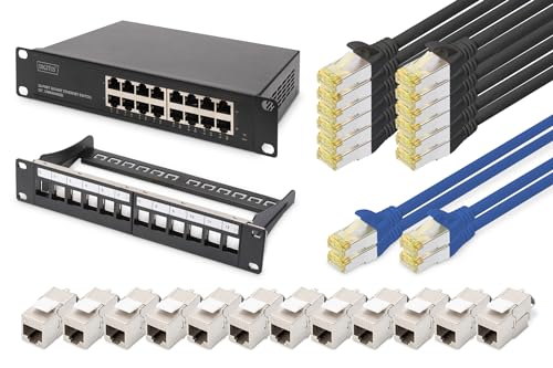 DIGITUS Set: 10 Zoll Netzwerk-Set – 1x 16-Port Gigabit Ethernet Netzwerk-Switch – 1x 12-Port Keystone-Patchpanel – 12x Cat6A Keystone-Modul – 4X Cat6A Patchkabel Blau – 12x Cat6A Patchkabel Schwarz von DIGITUS
