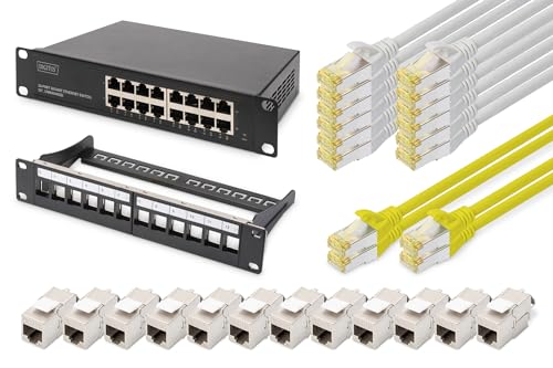 DIGITUS Set: 10 Zoll Netzwerk-Set – 1x 16-Port Gigabit Ethernet Netzwerk-Switch – 1x 12-Port Keystone-Patchpanel – 12x Cat6A Keystone-Modul – 4X Cat6A Patchkabel Gelb – 12x Cat6A Patchkabel Grau von DIGITUS