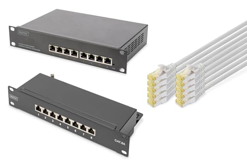 DIGITUS Set: 10 Zoll Netzwerk-Set – 1x Gigabit-Switch, 8-Port, Managed, Ethernet-Switch – 1x Patchpanel Cat-6A , 8-Port, LSA – 10x Netzwerkkabel Cat-6A, Patchkabel Grau, 0.25 m von DIGITUS