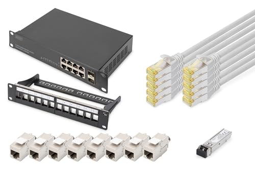 DIGITUS Set: 10 Zoll Netzwerk-Set – 1x Netzwerk-Switch, 8-Port, 2X SFP-Uplink, Unmanaged – 1x SFP-Modul, MM, LC – 1x 12-Port Patchpanel – 8X Cat6A Keystone-Modul – 10x LAN-Kabel Cat-6A Grau, 0.25 m von DIGITUS
