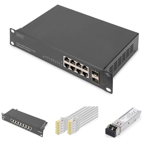 DIGITUS Set: 10 Zoll Netzwerk-Set – 1x Netzwerk-Switch, 8-Port, 2X SFP-Uplink, Unmanaged – 1x SFP-Modul, MM, LC – 1x Patchpanel Cat-6A , 8-Port, LSA – 10x Netzwerkkabel Cat-6A Grau, 0.25 m von DIGITUS