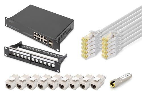 DIGITUS Set: 10 Zoll Netzwerk-Set – 1x Netzwerk-Switch, 8-Port, 2X SFP-Uplink, Unmanaged – 1x SFP-Modul, RJ45 – 1x 12-Port Patchpanel – 9X Cat6A Keystone-Modul – 10x LAN-Kabel Cat-6A Grau, 0.25 m von DIGITUS