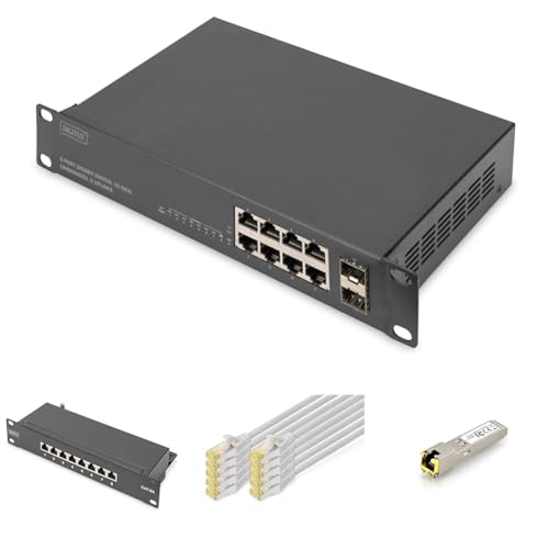 DIGITUS Set: 10 Zoll Netzwerk-Set – 1x Netzwerk-Switch, 8-Port, 2X SFP-Uplink, Unmanaged – 1x SFP-Modul, RJ45 – 1x Patchpanel Cat-6A , 8-Port, LSA – 10x Netzwerkkabel Cat-6A Grau, 0.25 m von DIGITUS