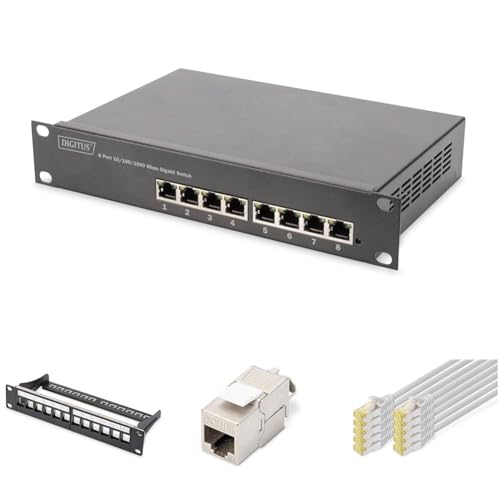 DIGITUS Set: 10 Zoll Netzwerk-Set – 1x PoE-Switch, 8-Port, Managed – 1x 12-Port Keystone-Patchpanel – 8X Cat6A Keystone-Modul – 10x Netzwerkkabel Cat-6A Grau, 0.25 m von DIGITUS