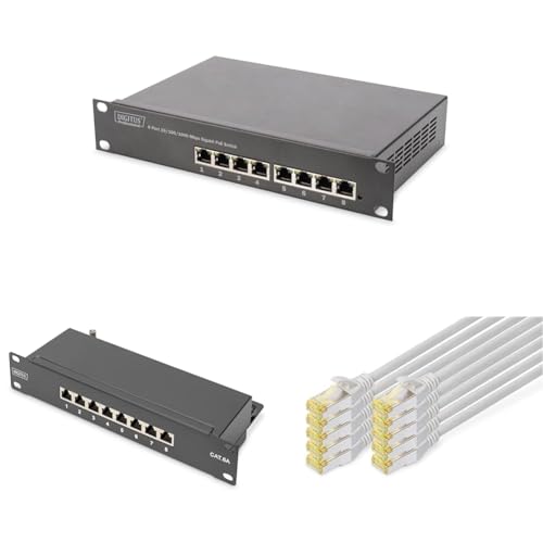 DIGITUS Set: 10 Zoll Netzwerk-Set – 1x PoE-Switch, 8-Port, Unmanaged, Netzwerk-Switch – 1x Patchpanel Cat-6A , 8-Port, LSA – 10x Netzwerkkabel Cat-6A, Patchkabel Grau, 0.25 m von DIGITUS