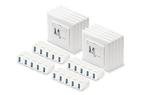 DIGITUS Set: 10x Anschlussdose 2 Port – Auslass Gerade – Für Multimedia Keystone-Module + 20x Keystone-Kupplung USB 3.0 – Weiß von DIGITUS