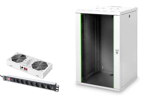 DIGITUS Set: 19" 20HE Netzwerkschrank + Dachlüfter + 7-Port Steckdosenleiste // 19 Zoll Rack – Wandmontage – 600mm Tiefe – Traglast 100kg – Nutztiefe 305-450 mm – Unique Serie – Grau von DIGITUS