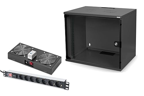 DIGITUS Set: 19" 7HE Netzwerkschrank + Dachlüfter + 7-Port Steckdosenleiste // 19 Zoll Rack – Unmontiert – Wandmontage – 400 mm Tiefe – Traglast 60 kg – Nutztiefe 170-270 mm – SOHO Serie – Schwarz von DIGITUS