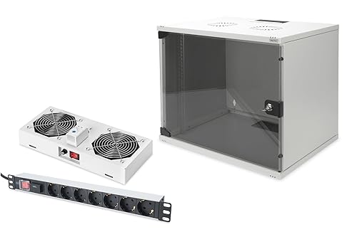 DIGITUS Set: 19" 9HE Netzwerkschrank + Dachlüfter + 7-Port Steckdosenleiste // 19 Zoll Rack – Unmontiert – Wandmontage – 400 mm Tiefe – Traglast 60 kg – Nutztiefe 170-270 mm – SOHO Serie – Grau von DIGITUS