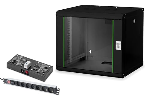 DIGITUS Set: 19" 9HE Netzwerkschrank + Dachlüfter + 7-Port Steckdosenleiste // 19 Zoll Rack – Wandmontage – 450mm Tiefe – Traglast 100kg – Nutztiefe 305-370 mm – Unique Serie – Schwarz von DIGITUS