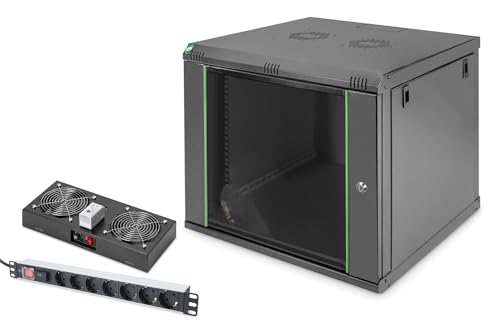 DIGITUS Set: 19" 9HE Netzwerkschrank + Dachlüfter + 7-Port Steckdosenleiste // 19 Zoll Rack – Wandmontage – 450mm Tiefe – Traglast 60kg – Nutztiefe 335-380 mm – Dynamic Basic Serie – Schwarz von DIGITUS