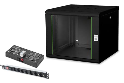 DIGITUS Set: 19" 9HE Netzwerkschrank + Dachlüfter + 7-Port Steckdosenleiste // 19 Zoll Rack – Wandmontage – 600mm Tiefe – Traglast 100kg – Nutztiefe 305-450 mm – Unique Serie – Schwarz von DIGITUS