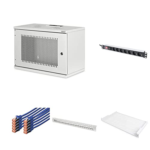 DIGITUS Set: 19-Zoll Set – Netzwerkschrank 7HE Perforierte Tür – Fachboden – Steckdosenleiste – Cat6A Patchpanel & Keystone-Module – Cat6 Netzwerkkabel von DIGITUS